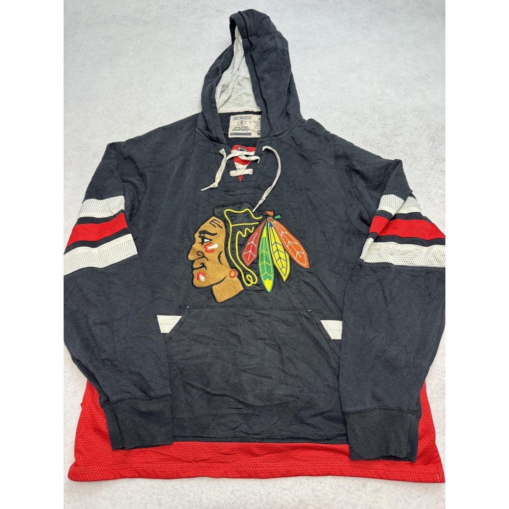 Chicago‎ Blackhawks Hoodie Sweatshirt Mens Large Black NHL Hockey CCM Lace Up